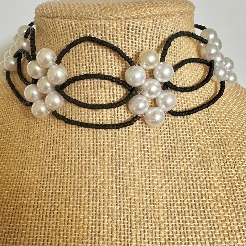 Faux pearl black beaded multi strand choker necklace